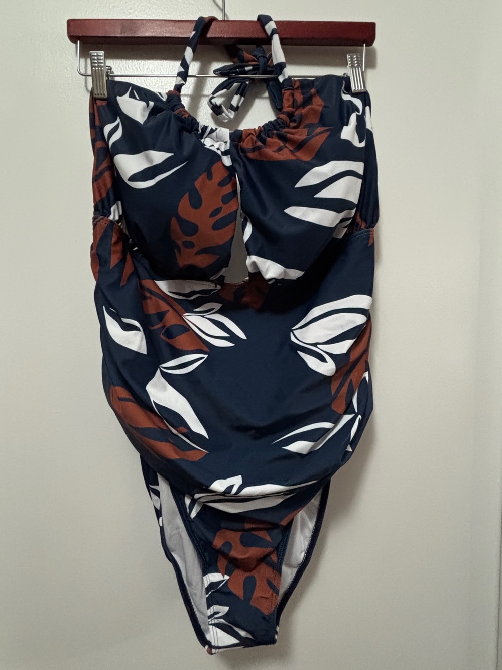 Women’s 5X Tropical Leaf Print One Piece Swimsuit Halter Plus Size Navy Brown